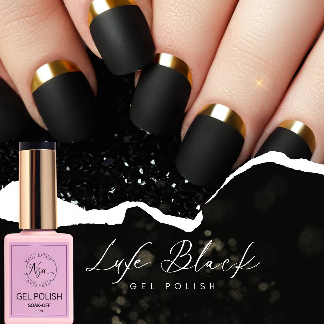 Nail polish bottle with black and gold nails and 'Life Black' text