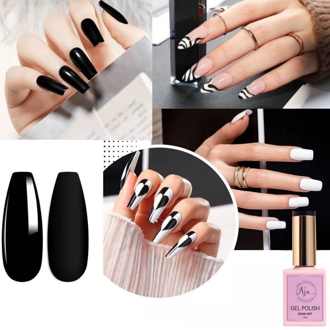 Collage of nail art designs with black, white, and zebra patterns, including a bottle of gel polish.
