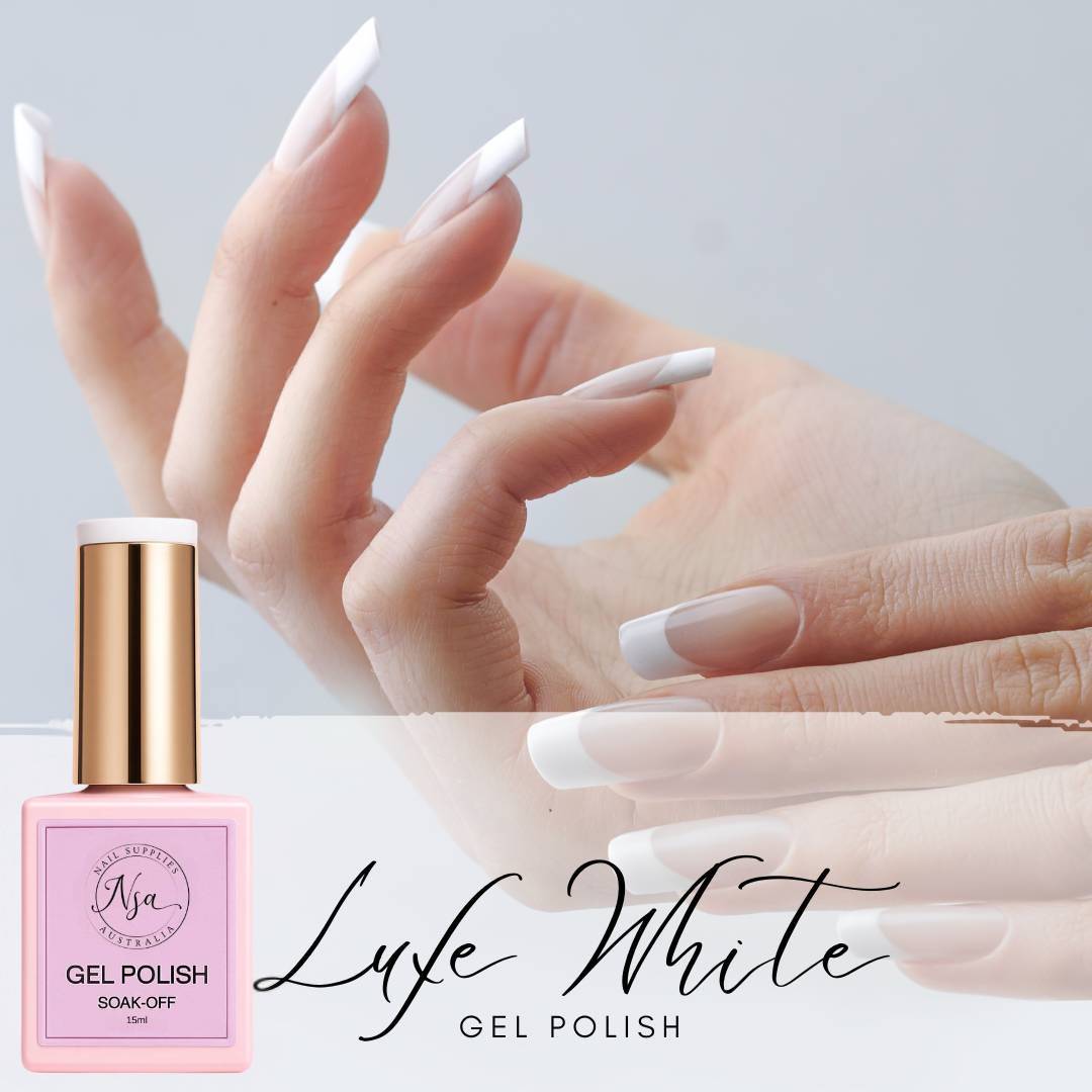 Pink gel polish bottle with a hand displaying white nails against a light gray background