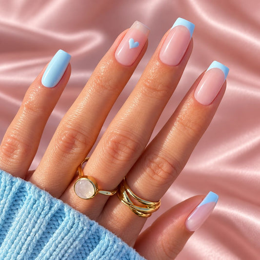 Short square full-cover gel extensions applied to nails, French tips