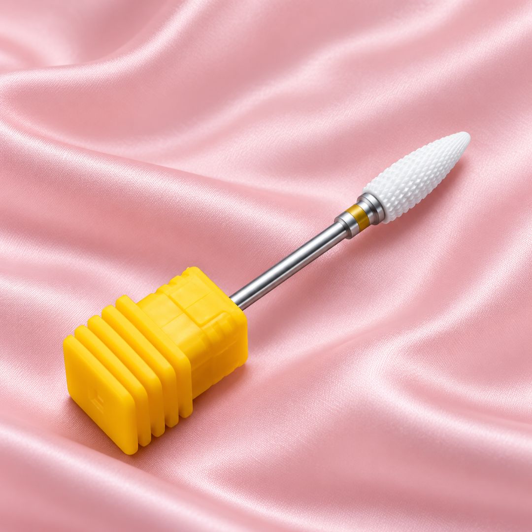 Extra fine tornado ceramic nail drill bit in yellow holder with tapered cutting head