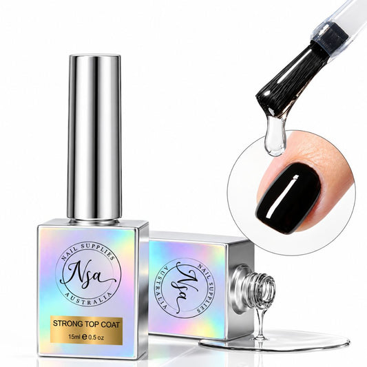 Nail Supplies Australia Strong Top Coat bottle for glossy gel nails