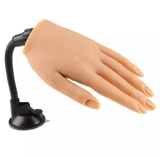 Realistic silicone nail training hand with flexible arm and suction-cup anchor