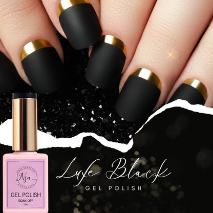 Nail polish bottle with black and gold nails and 'Life Black' text