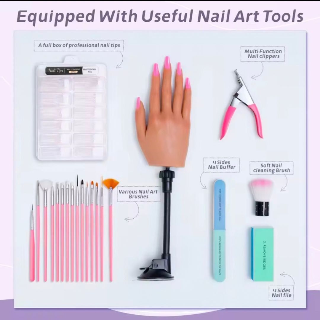 Nail practice hand kit with replacement tips, file, buffer, tip cutter and brushes
