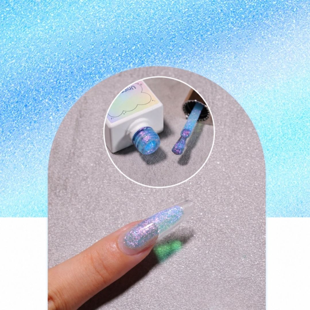 Blue Unicorn Gel Polish by Nail Supplies Australia showing iridescent shimmer finish