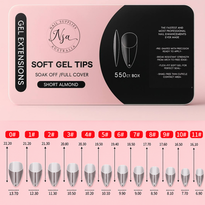 Short almond soft gel nail tips size and measurement chart