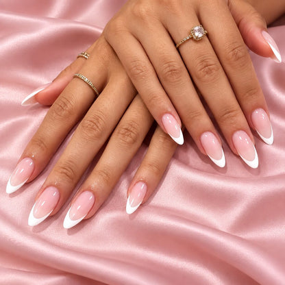 Medium almond soft gel extensions applied to nails with French tips