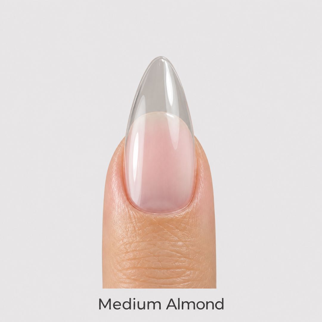 Close-up of the pre-buffed surface on a medium almond gel nail tip