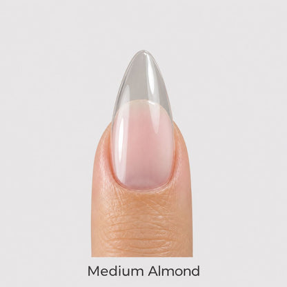 Close-up of the pre-buffed surface on a medium almond gel nail tip