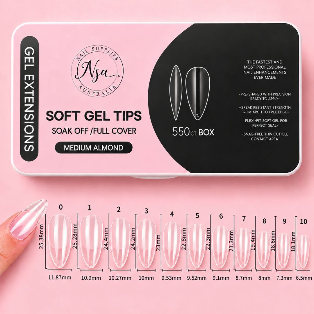 Medium almond soft gel nail tips size and measurement chart