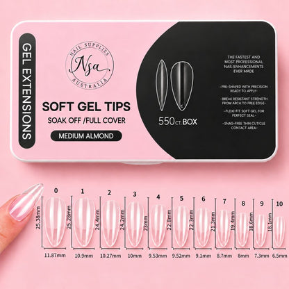 Medium almond soft gel nail tips size and measurement chart