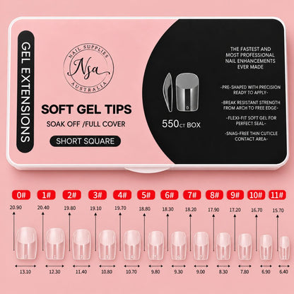 Short square soft gel nail tips size and measurement chart