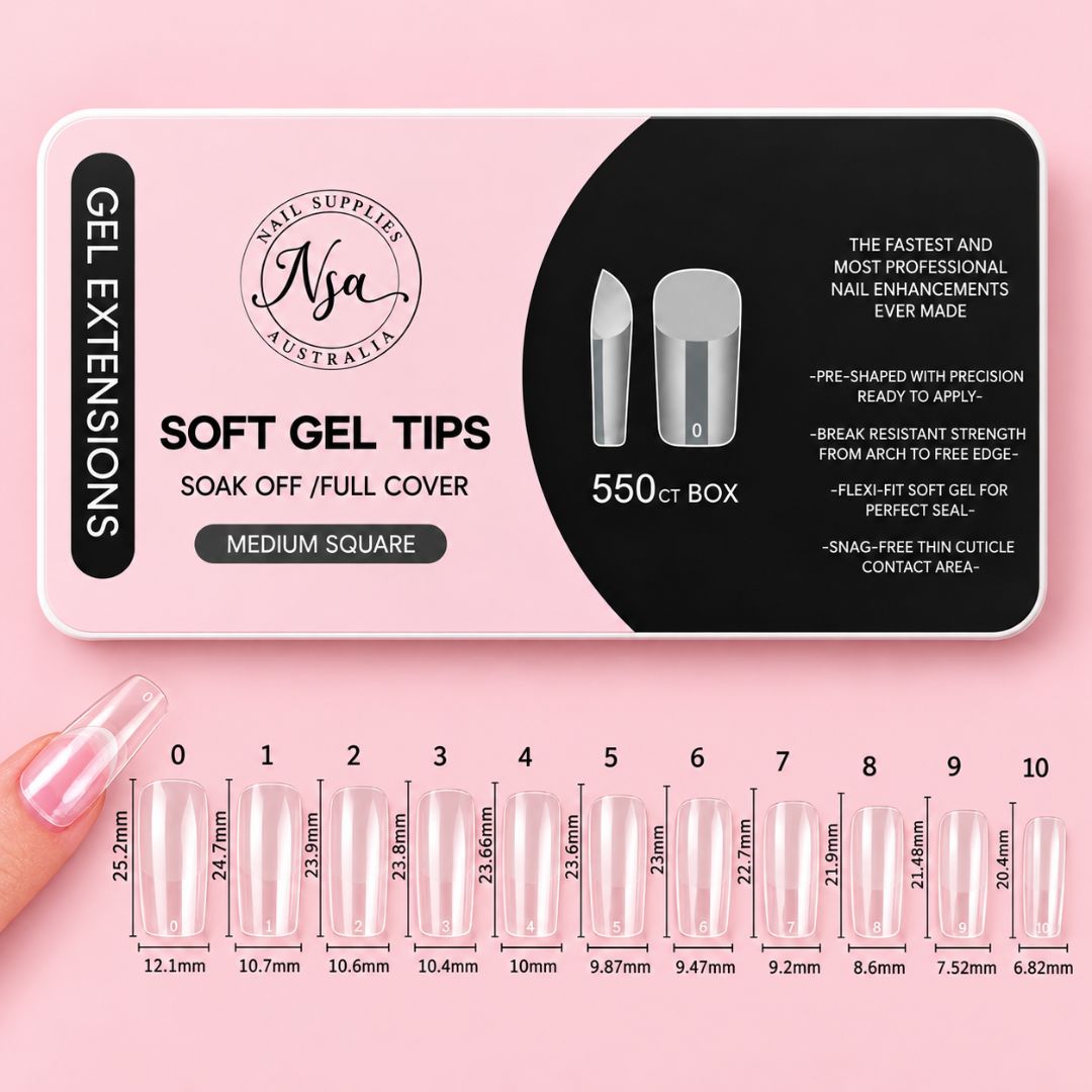 Medium square soft gel nail tips size and measurement chart