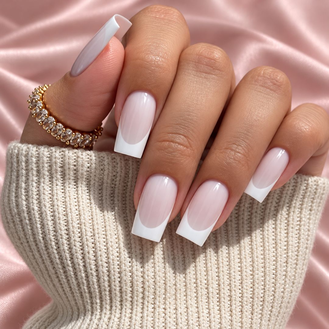 Medium square full-cover gel extensions applied to nails