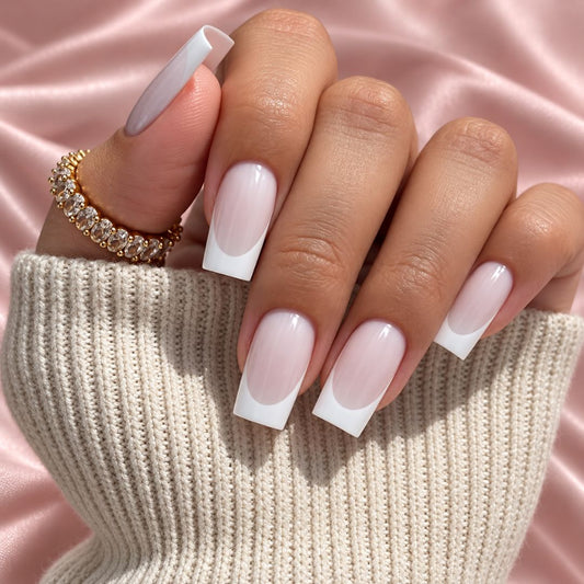 Medium square full-cover gel extensions applied to nails