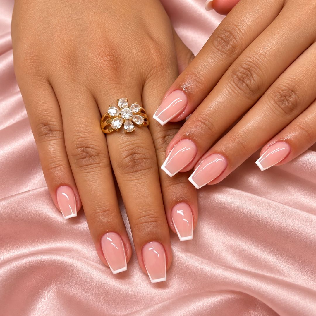 Short coffin full-cover gel extensions applied to nails