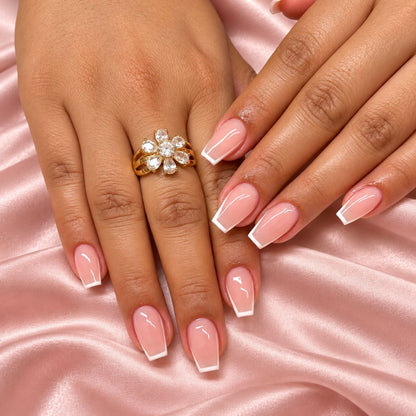 Short coffin full-cover gel extensions applied to nails