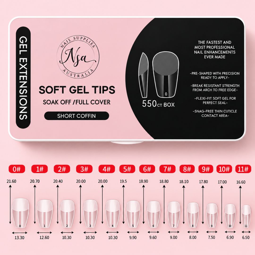 Short coffin soft gel nail tips size and measurement chart