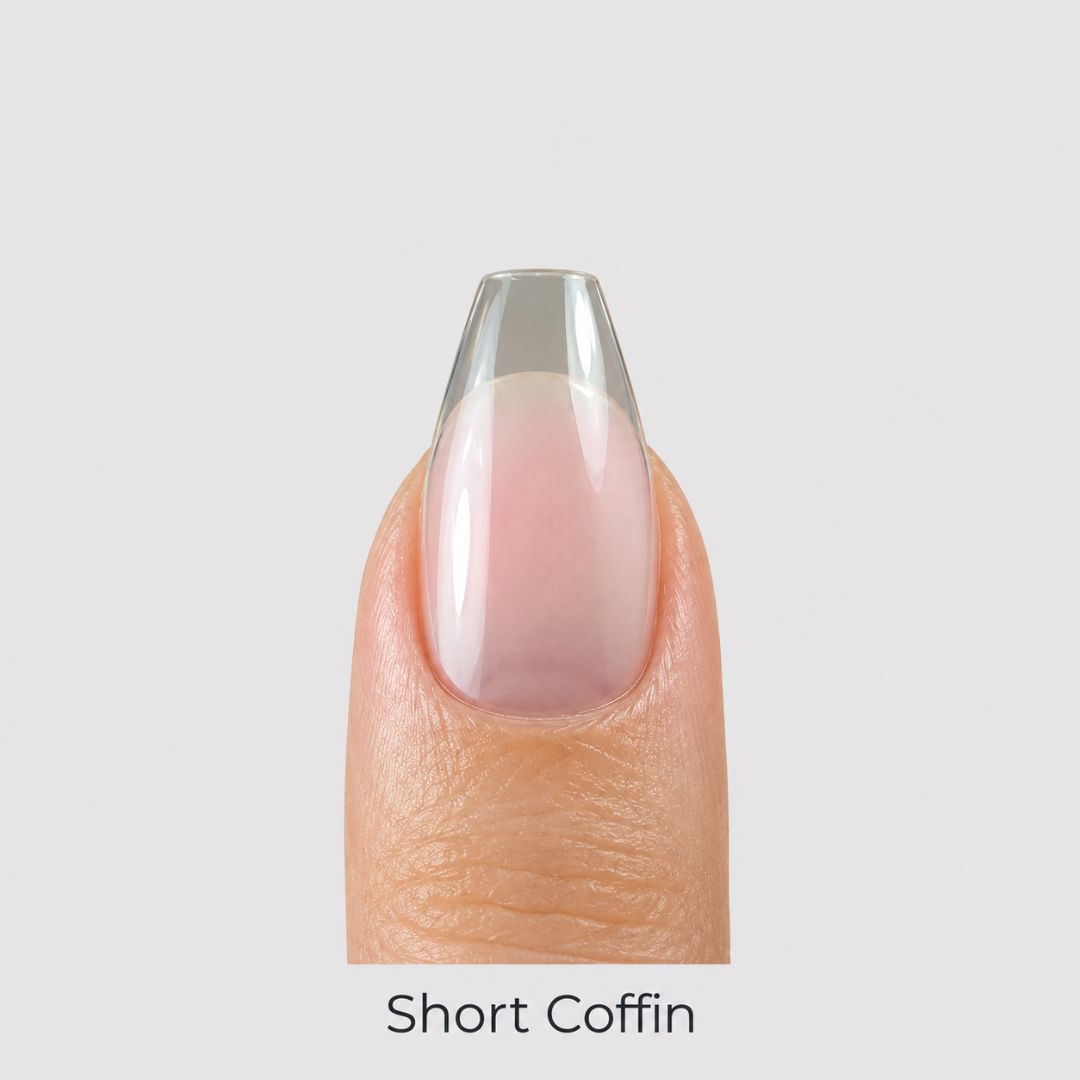 Close-up of the tapered sides and flat edge of a short coffin nail tip
