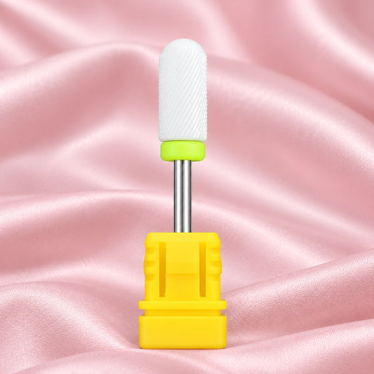 Extra fine ceramic safety nail drill bit with smooth rounded top and yellow band