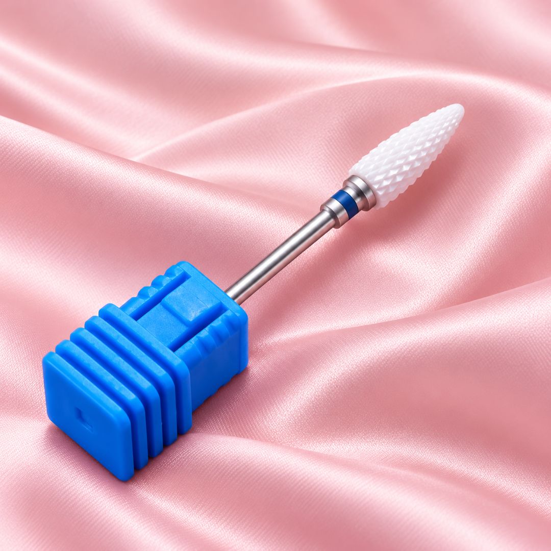 Medium tornado ceramic nail drill bit in blue holder with tapered cutting head