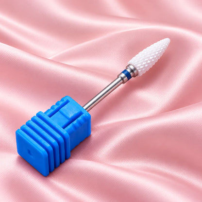 Medium tornado ceramic nail drill bit in blue holder with tapered cutting head