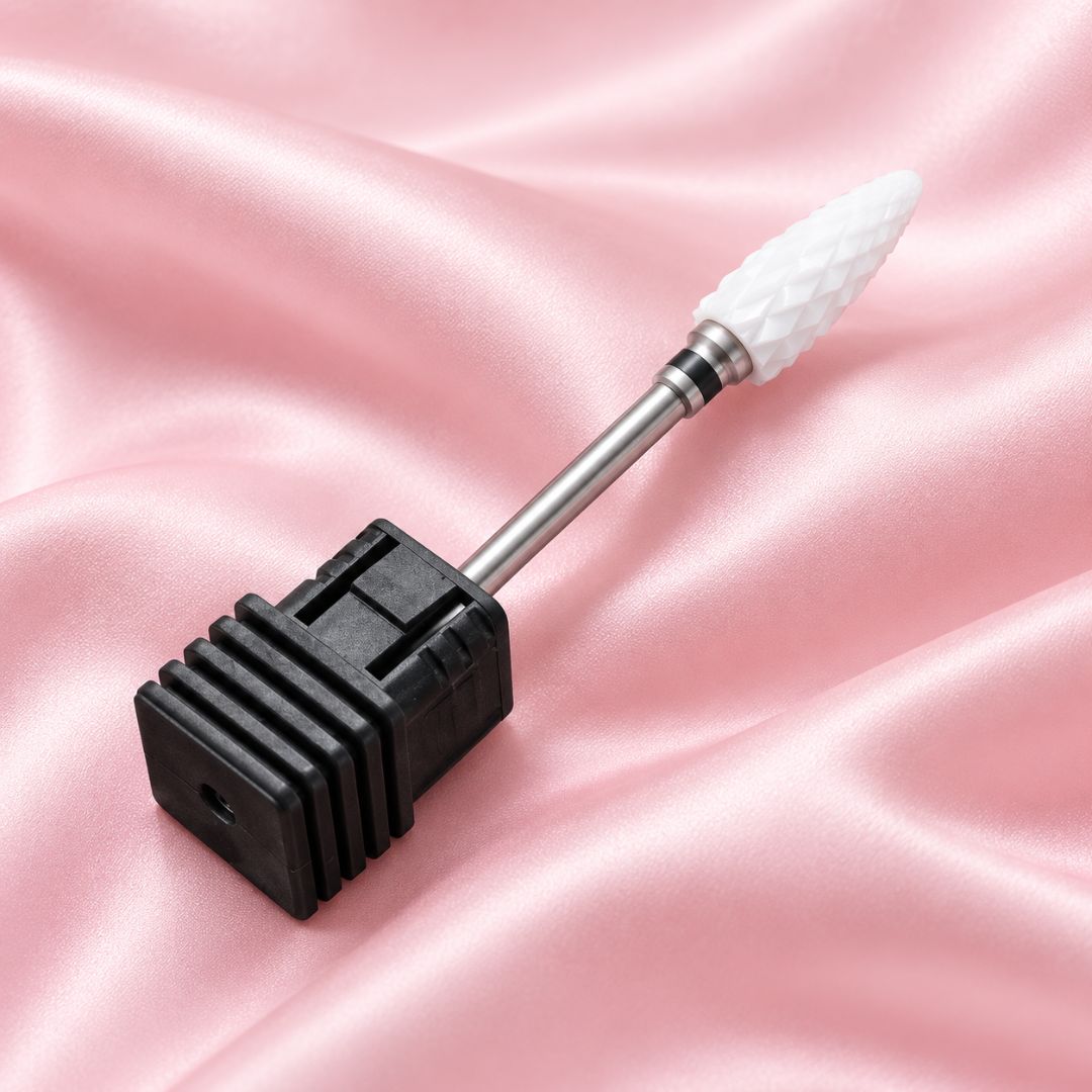 Extra Coarse Tornado ceramic nail drill bit in black holder with tapered cutting head