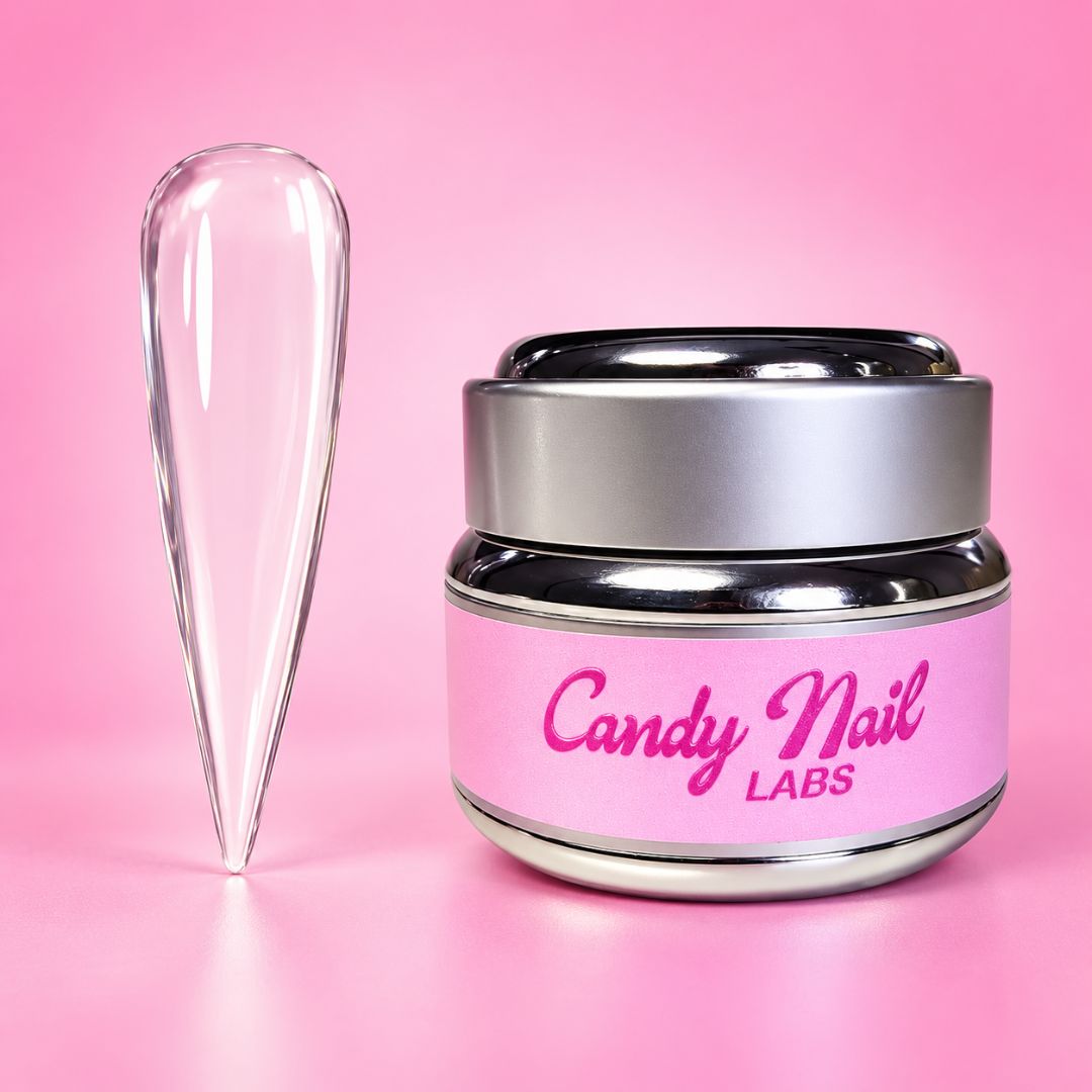 Candy Nail Labs clear hard builder gel and transparent nail swatch